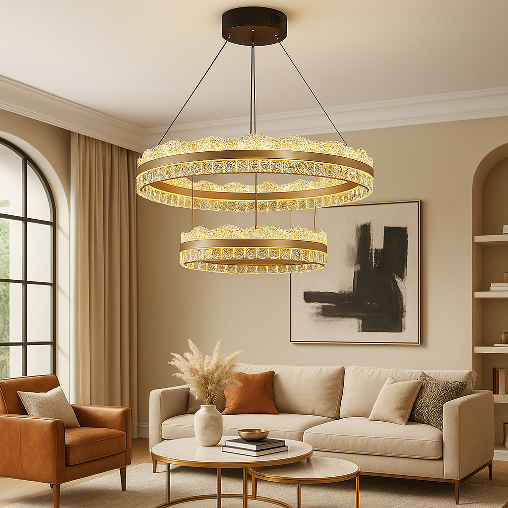 Lustre à 2 Niveaux en Cristaux - Éclairage Luxueux et Ambiance Cozy