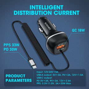 Chargeur de Voiture USB-C Rapide - 51W, 3 Ports et QC 3.0