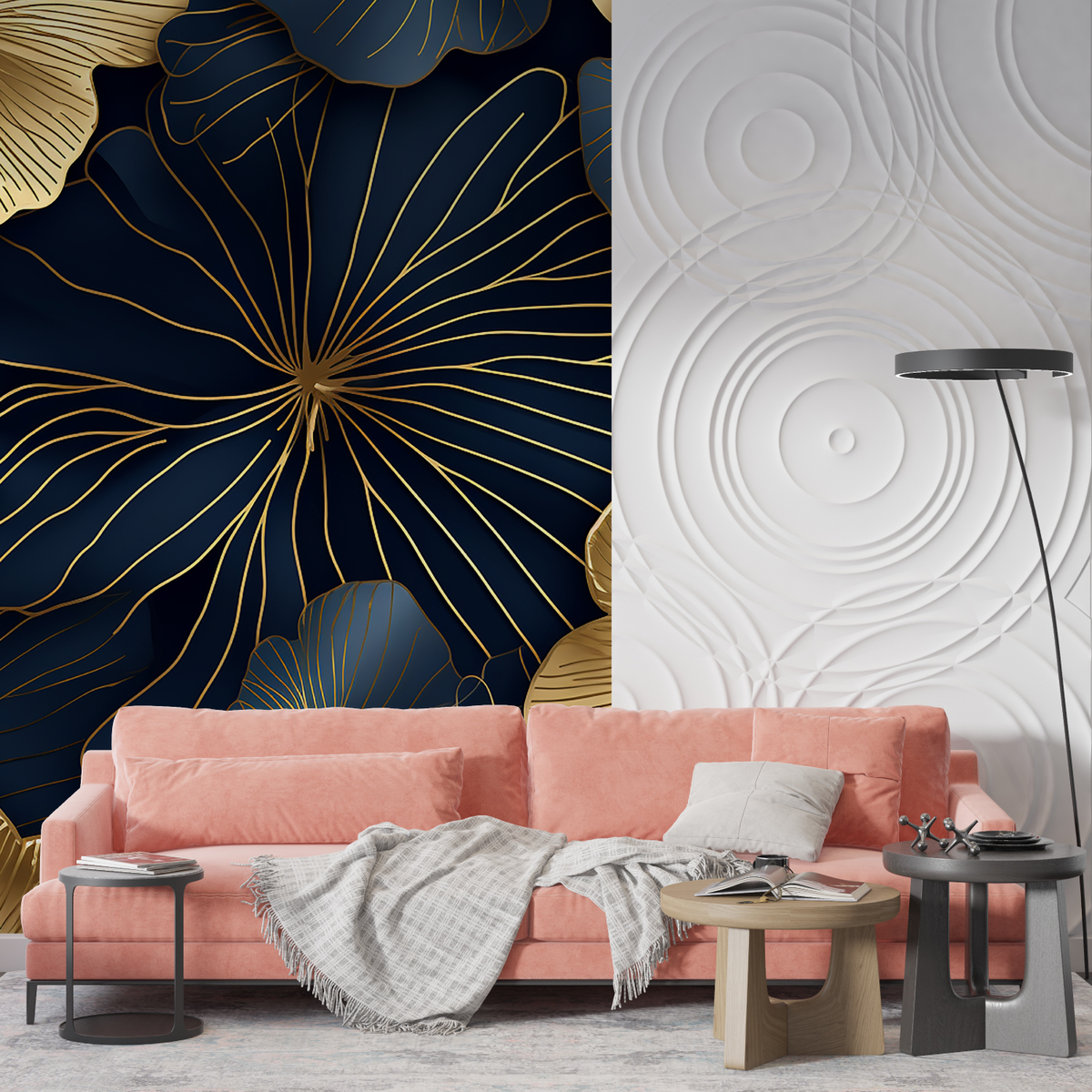 Papier Peint Art Déco Bleu Grosses Fleurs Doré