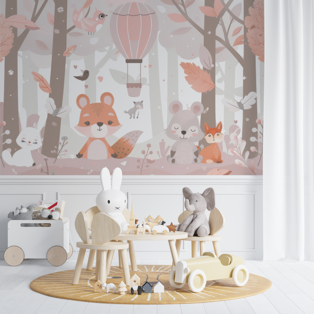 Papier peint bébé Amis de la forêt rose