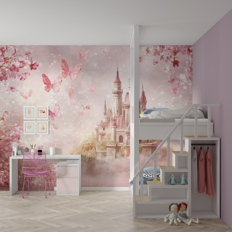 Papier Peint Princesse Ciel Fleuri et Château
