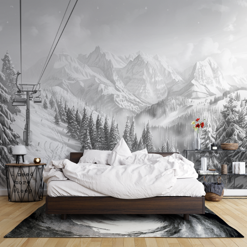 Papier Peint Montagne Télécabine Noir & Blanc