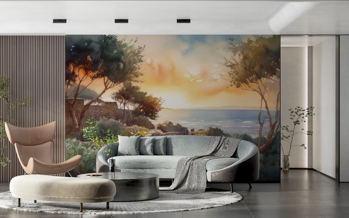 Papier Peint Aquarelle Paysage Méditerranéen Couché De Soleil