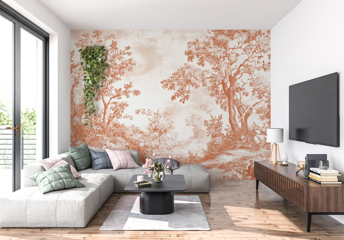 Terracotta Modern Toile de Jouy Wallpaper