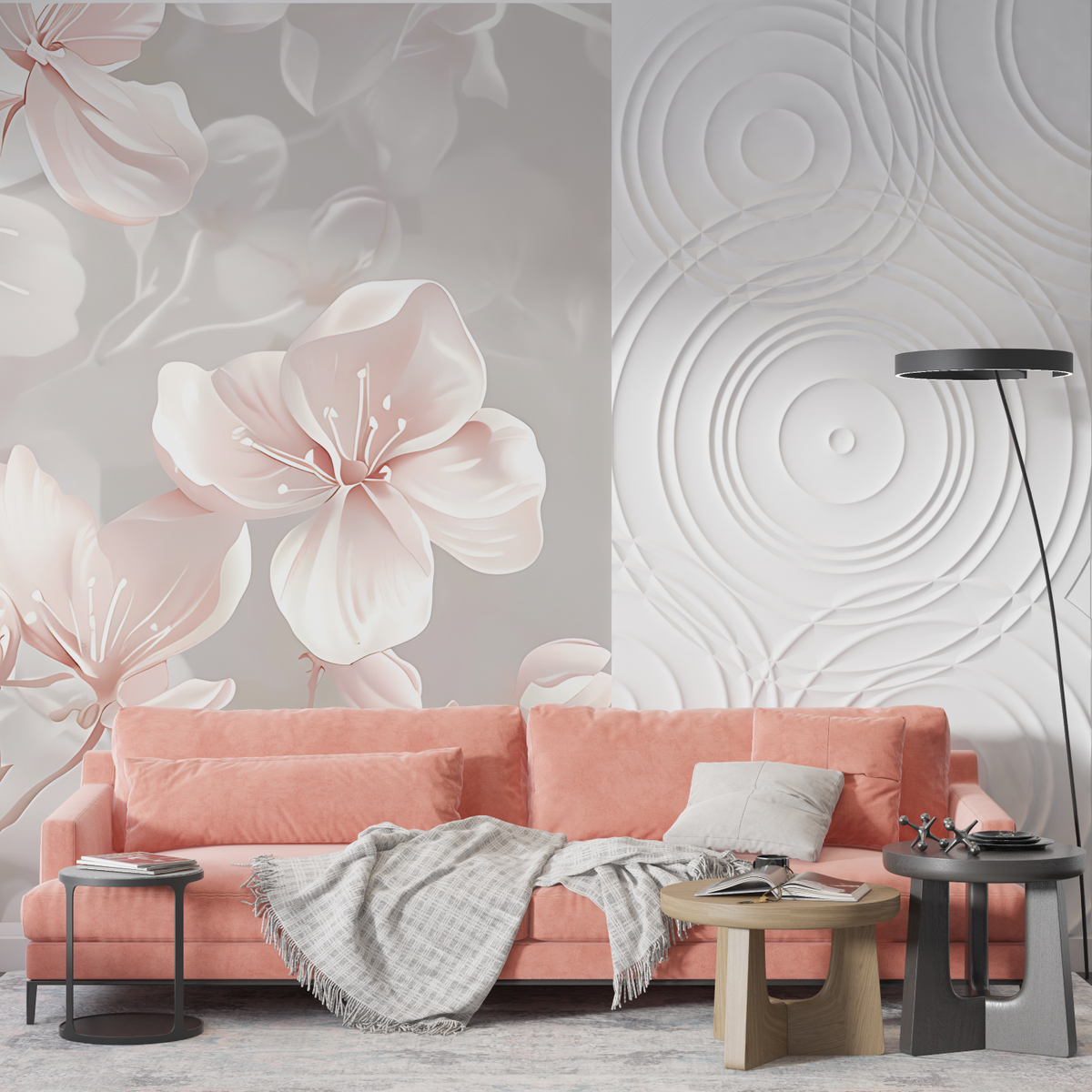 Papier Peint Fleur Rose Et Gris