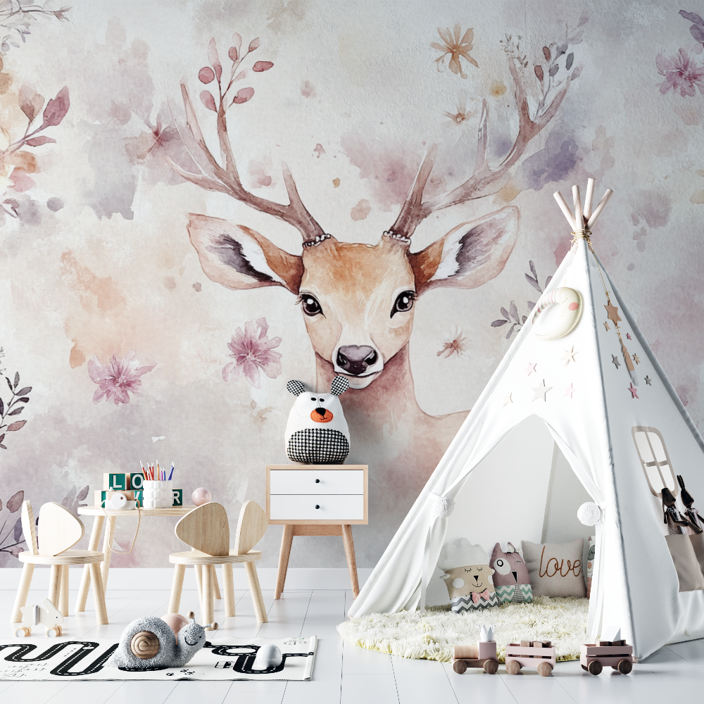 Wallpaper Animals Deer Crown Small Flowers