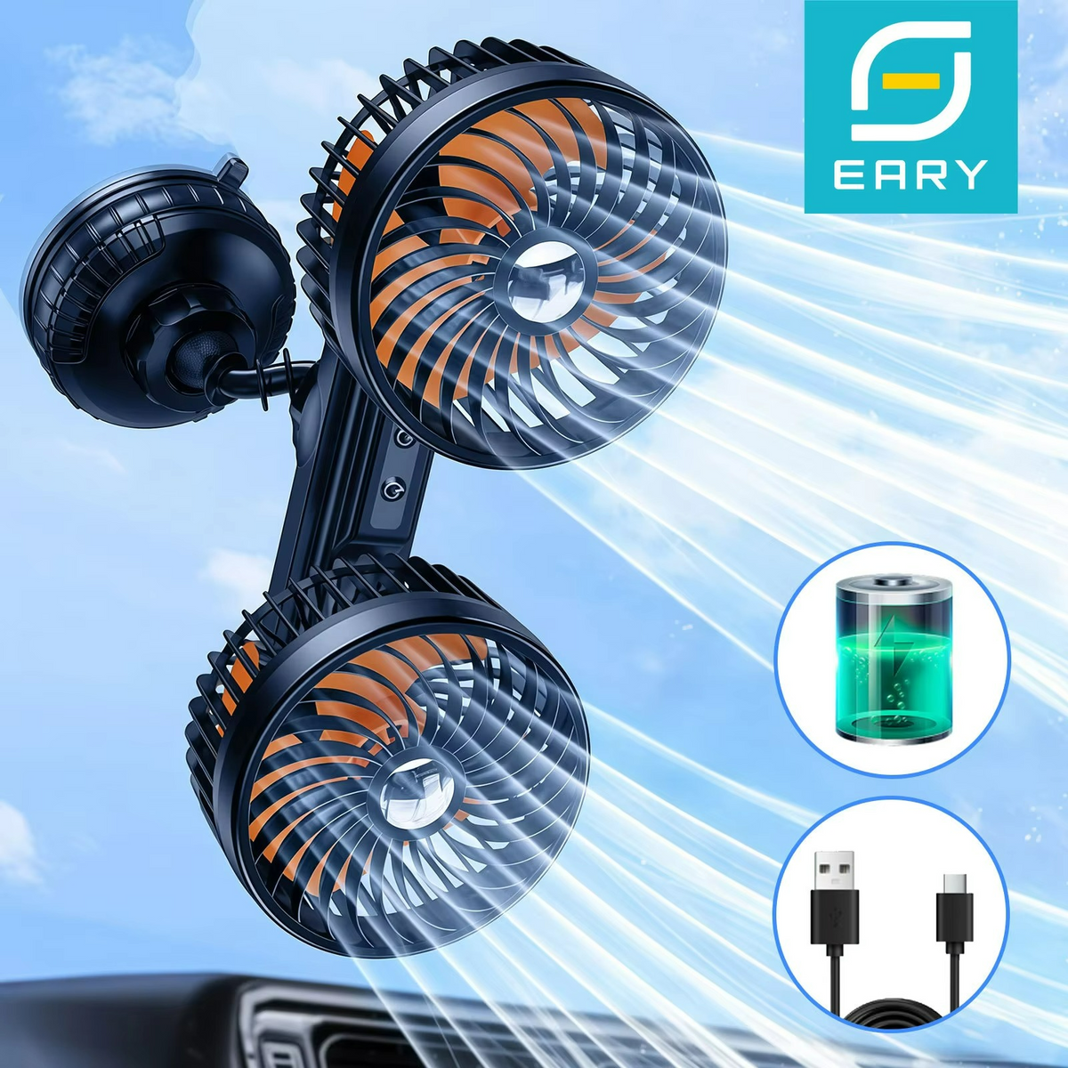 Ventilateur de Voiture à Double Tête - Brise Fraîche et Fixation Solide