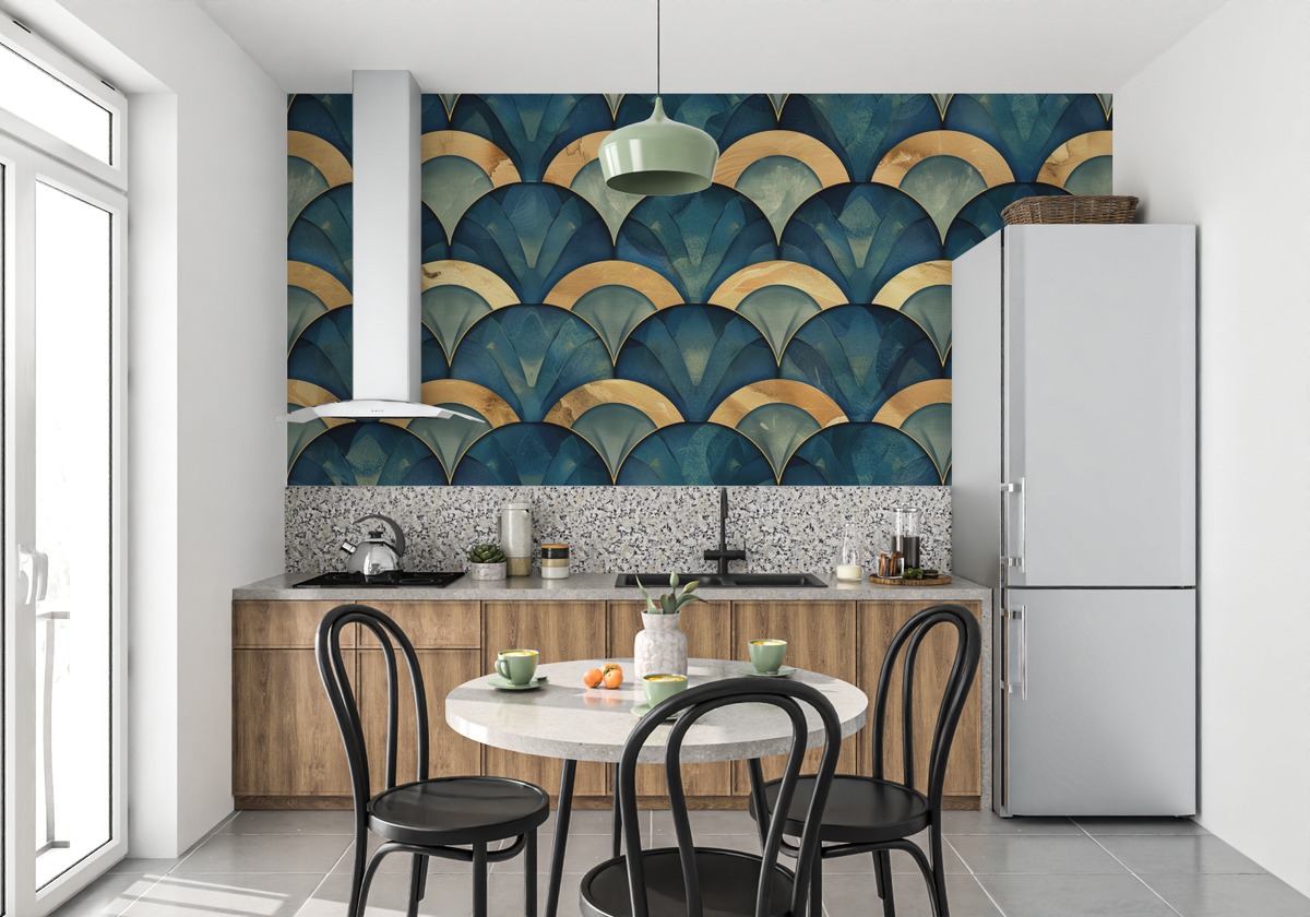 Papier Peint Art Déco Eventail Bleu Doré
