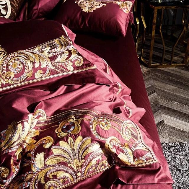 Ensemble de Couette en Coton Égyptien - Luxe Rouge et Or pour Chambre Élégante