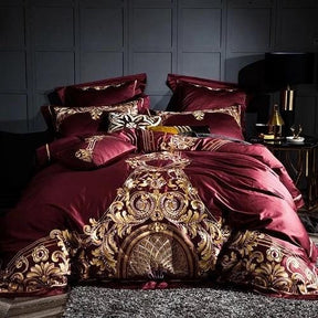 Ensemble de Couette en Coton Égyptien - Luxe Rouge et Or pour Chambre Élégante