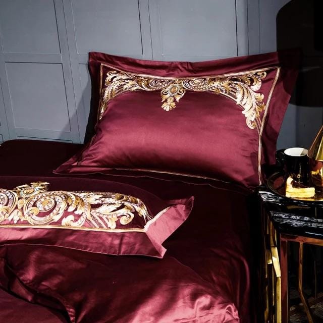 Ensemble de Couette en Coton Égyptien - Luxe Rouge et Or pour Chambre Élégante
