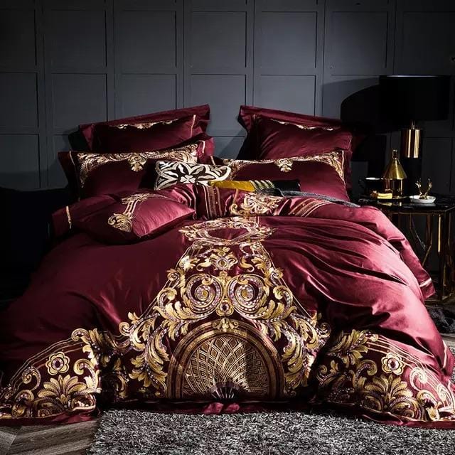 Ensemble de Couette en Coton Égyptien - Luxe Rouge et Or pour Chambre Élégante