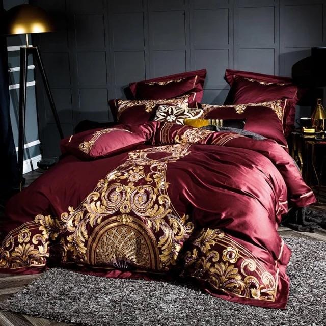 Ensemble de Couette en Coton Égyptien - Luxe Rouge et Or pour Chambre Élégante