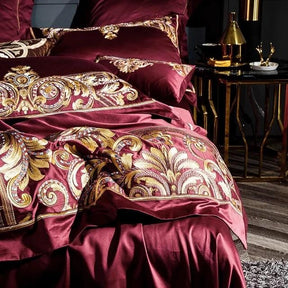 Ensemble de Couette en Coton Égyptien - Luxe Rouge et Or pour Chambre Élégante