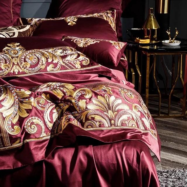 Ensemble de Couette en Coton Égyptien - Luxe Rouge et Or pour Chambre Élégante