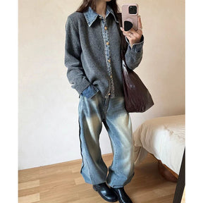 Pull en Tricot à Col V - Confort et Élégance en Denim
