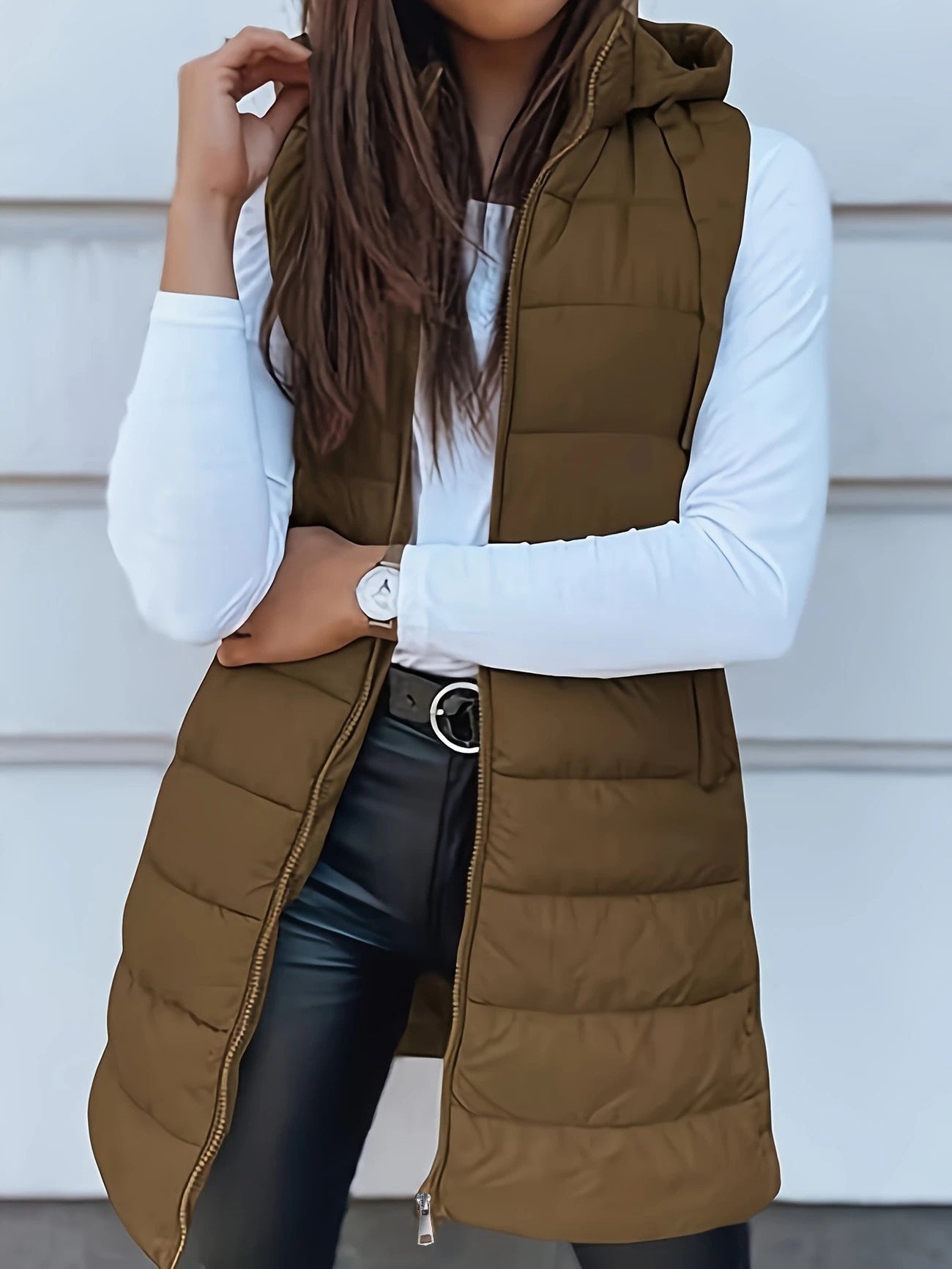 Gilet Matelassé Long pour Femmes - Bodywarmer Oversize avec Capuche