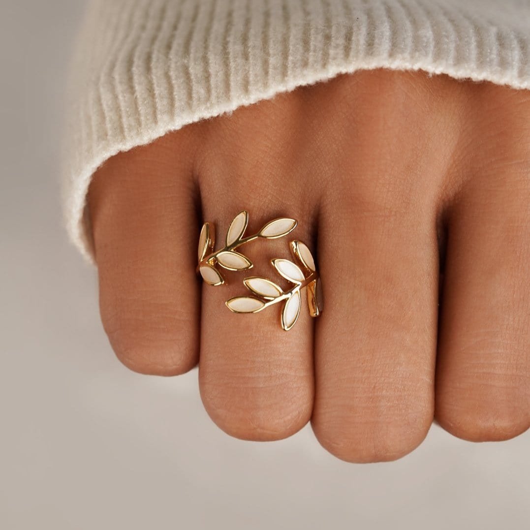 Bague ajustable motif feuille doré lune