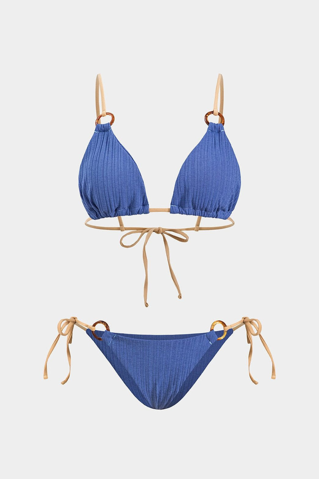 Bikini froncé bleu vue de face soleil