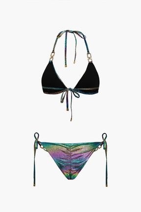 Bikini brillant à dos nu détail strass vague