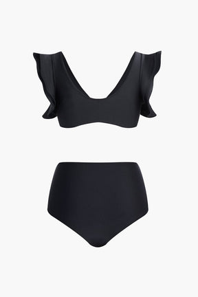 Bas de bikini noir taille haute avec détail doré vague