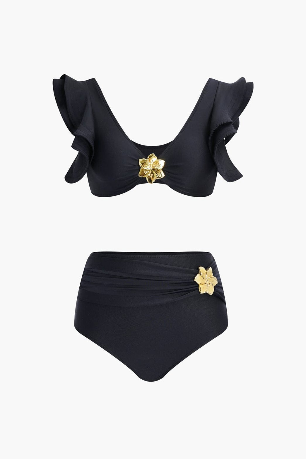 Haut de bikini noir à volants avec fleur dorée soleil