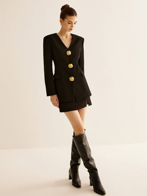 Blazer noir élégant avec boutons dorés décoratifs velours