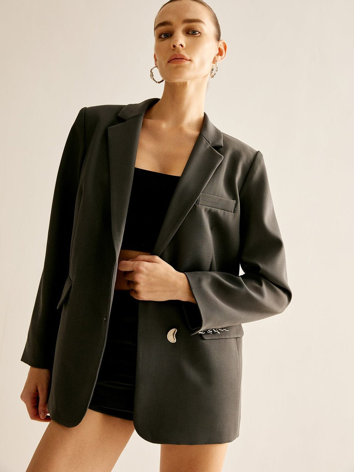 Blazer noir détail col tweed