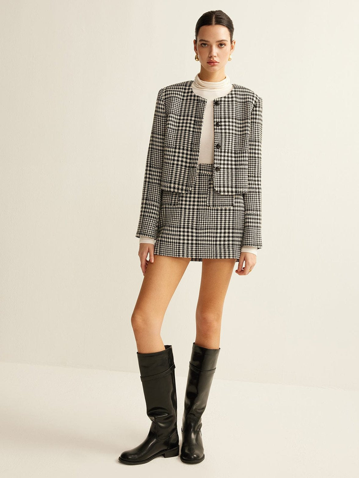 Blazer pied-de-poule détail tissu raffiné