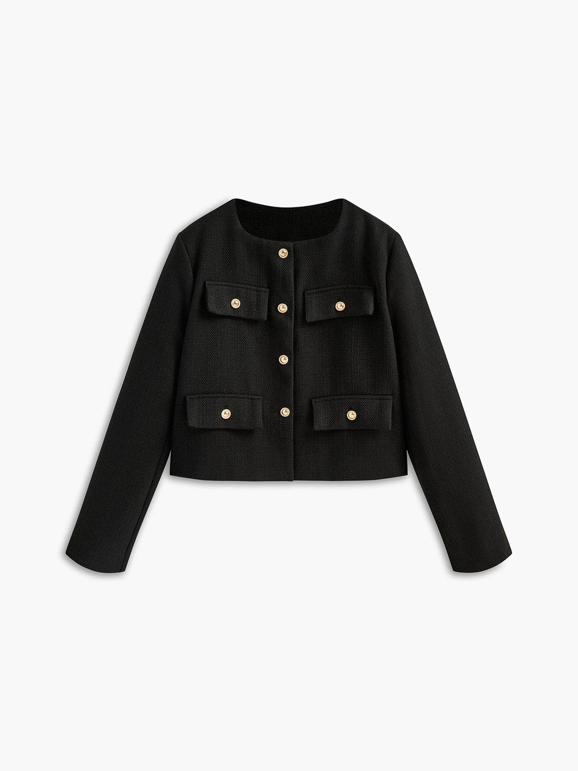 Blazer tweed noir élégant boutons dorés velours