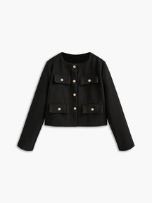 Blazer tweed noir élégant boutons dorés velours