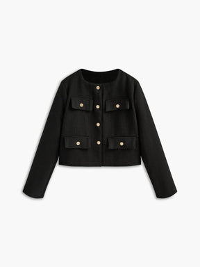 Blazer tweed noir élégant boutons dorés velours