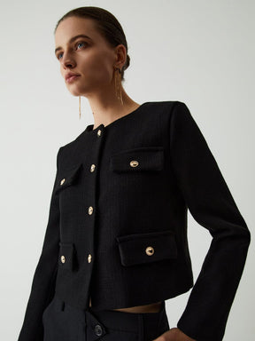 Blazer tweed noir élégant avec boutons dorés - Harmonie
