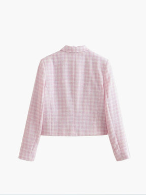 Blazer tweed vichy rose vue de côté soleil