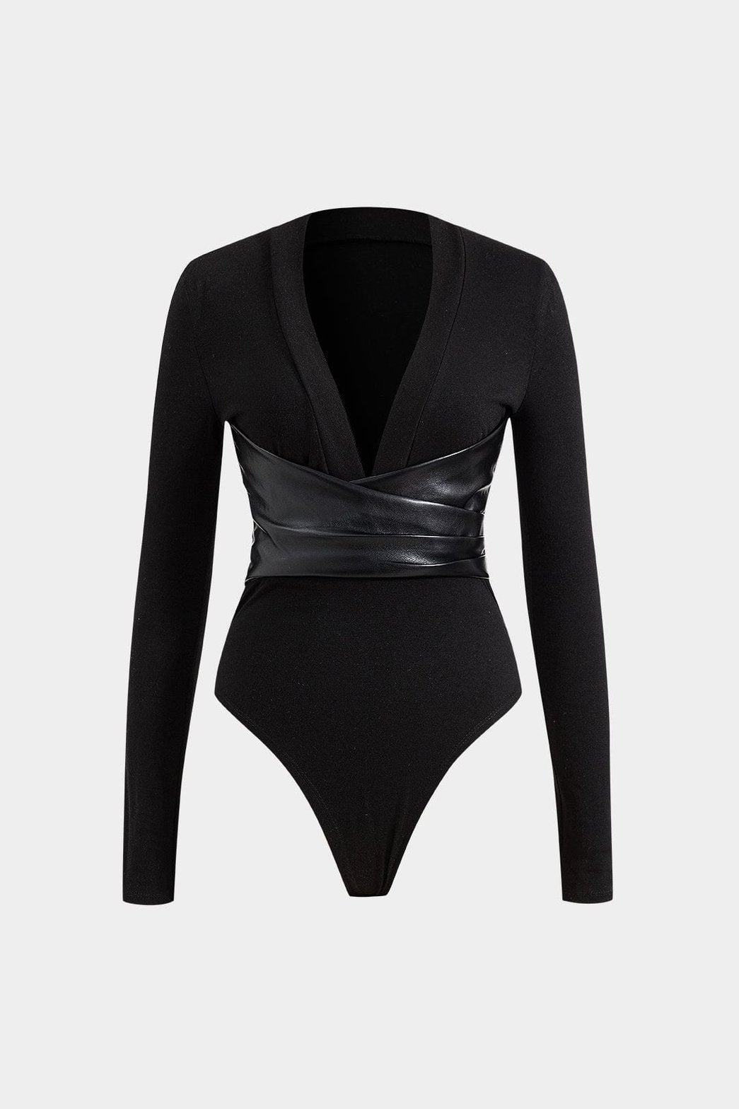 Body similicuir noir encolure croisée vue de face soleil