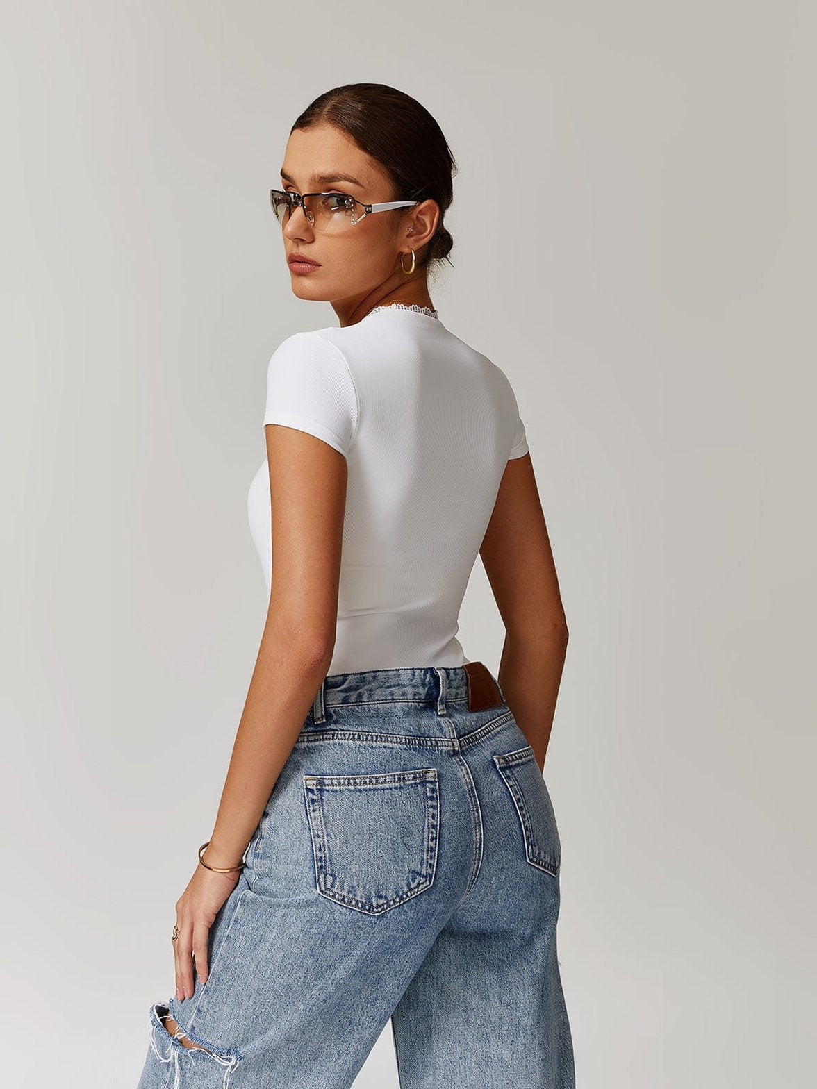 Body blanc élastique col brodé pluie