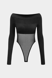 Body transparent noir à manches longues effet mesh papillon