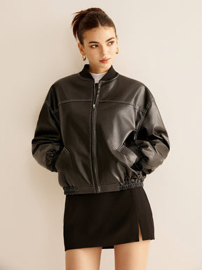 Veste bomber noire en similicuir vue de face éclair
