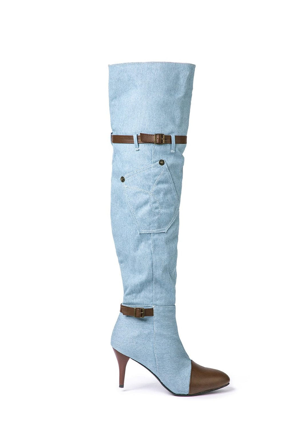 Vue latérale botte cuissarde denim détail ceinture étoile