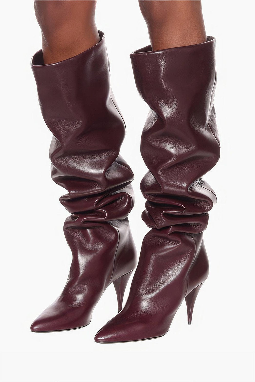 Bottes hautes bordeaux drapées effet cuir velours