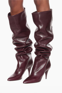 Bottes hautes bordeaux drapées effet cuir velours