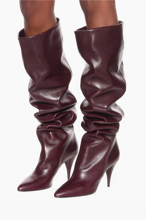Bottes hautes bordeaux drapées effet cuir velours
