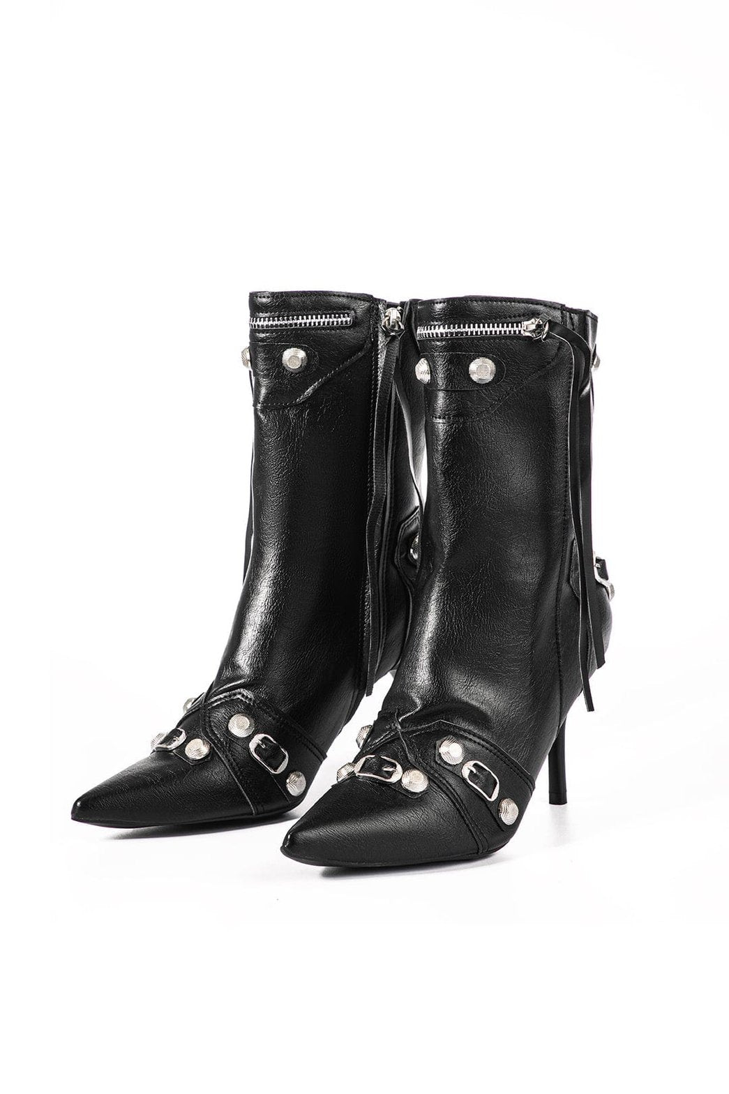 Bottines noires élégantes en cuir synthétique avec détails métalliques velours