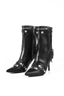 Bottines noires élégantes en cuir synthétique avec détails métalliques velours