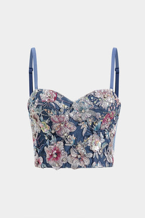 Bustier denim brodé vue de face soleil