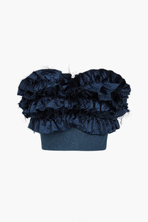 Bustier en denim bleu avec volants soleil