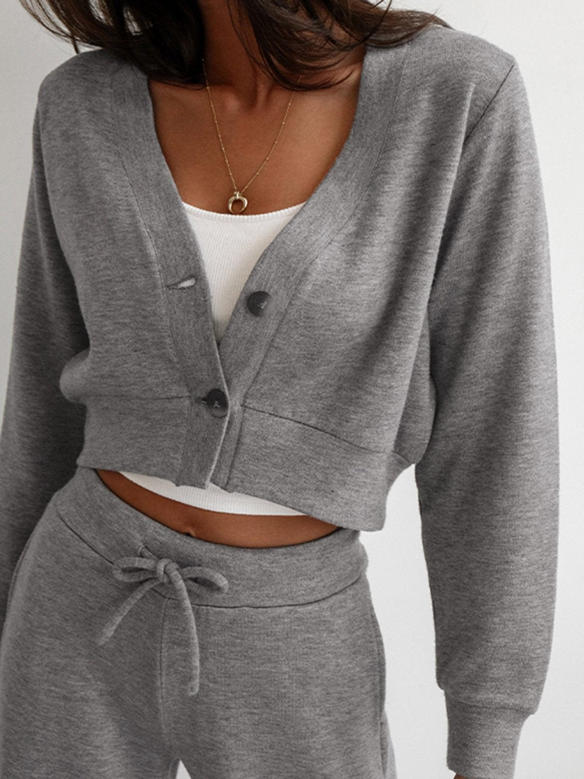 Cardigan gris court col V décontracté zen