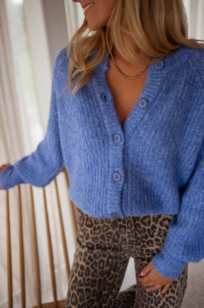 Cardigan bleu détail maille harmonie