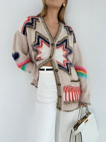 Cardigan motif étoile beige vue de face cosy