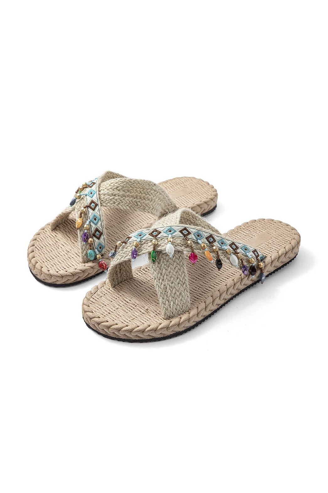 Chaussons bohèmes beiges avec franges colorées soleil